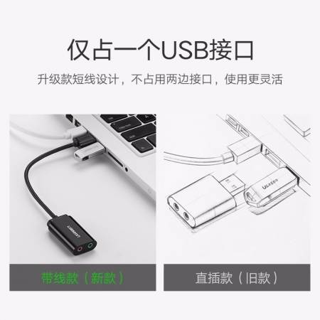 绿联usb外置声卡，usb转耳机麦克风音响3.5mm音频线